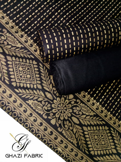 Ghazi Fabric Unstitched Linen 3-Piece Gold Printed Suit for Women - Feroza Black, Feroza Series (0026/3)