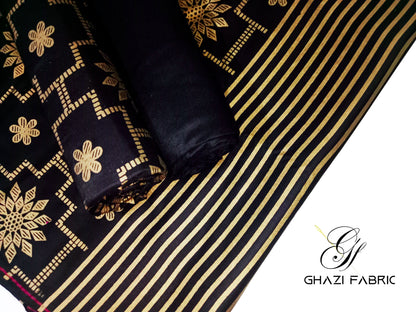 Ghazi Fabric Unstitched Linen 3-Piece Gold Printed Suit for Women - Feroza Black, Feroza Series (0027/3)