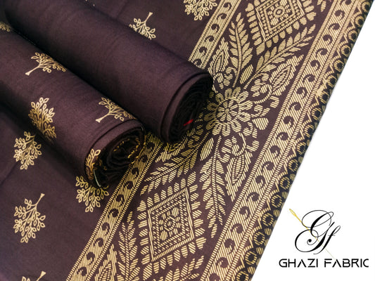 Ghazi fabric Unstitched Linen 3 piece Feroza series Volume II suit for women brown (Feroza series 0045/3)