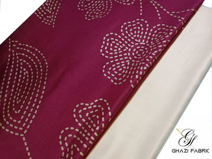 Ghazi fabric Unstitched Linen Dress Collection Famza Series Unstitch 2 Piece Suit For Women maroon with beige trouser (FM4111-H776)