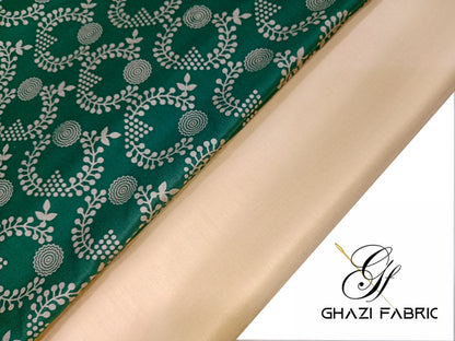 Ghazi fabric Un-stitched Premium Quality Linen Dress Collection Famza Series Unstitch 2 Piece Suit For Women Bottle Green with beige trouser (FM9134-H9)