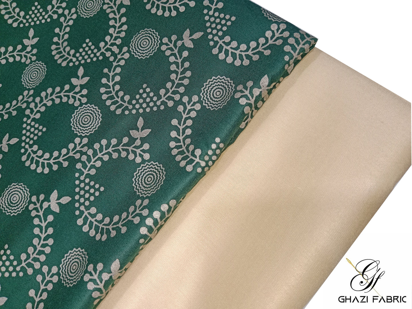 Ghazi fabric Un-stitched Premium Quality Linen Dress Collection Famza Series Unstitch 2 Piece Suit For Women Bottle Green with beige trouser (FM9134-H9)