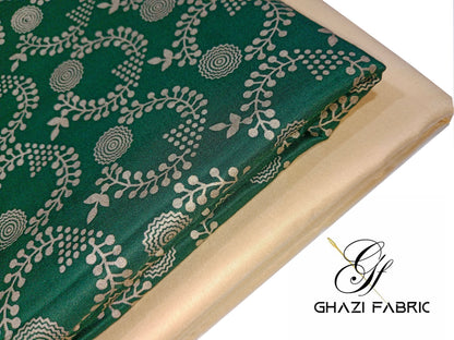 Ghazi fabric Un-stitched Premium Quality Linen Dress Collection Famza Series Unstitch 2 Piece Suit For Women Bottle Green with beige trouser (FM9134-H9)