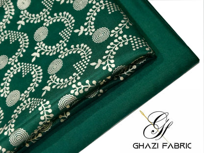 Ghazi fabric Unstitched Linen Dress Collection Famza Series Unstitch 2 Piece Suit For Women Bottle Green (FM49-H10)