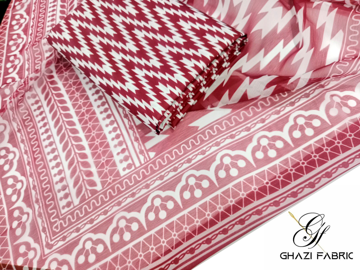 Ghazi Fabric | 3-Piece Cambric Lawn Suit | Shirt & Trouser with Chiffon Dupatta | Unstitched Summer Collection