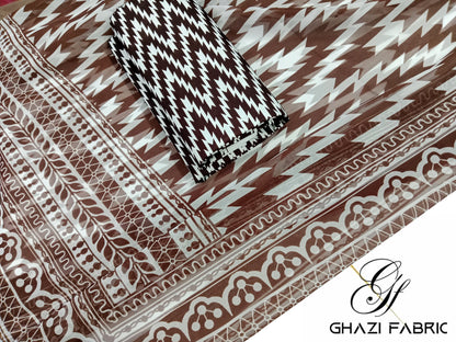 Ghazi Fabric | 3-Piece Cambric Lawn Suit | Shirt & Trouser with Chiffon Dupatta | Unstitched Summer Collection Chocolate Brown