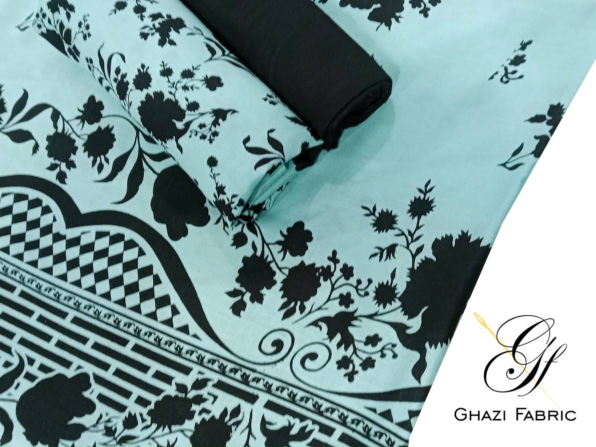 Ghazi fabric Black pearl series Linen Unstitched 3 Piece Suite For sea aqua Women  BP298
