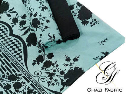Ghazi fabric Black pearl series Linen Unstitched 3 Piece Suite For sea aqua Women  BP298