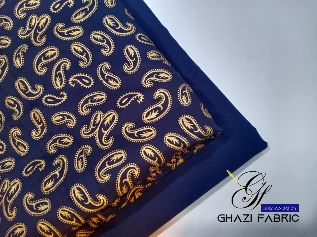 Ghazi fabric Unstitched Linen 2 piece suit for women modern print navy blue GH87001