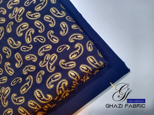 Ghazi fabric Unstitched Linen 2 piece suit for women modern print navy blue GH87001
