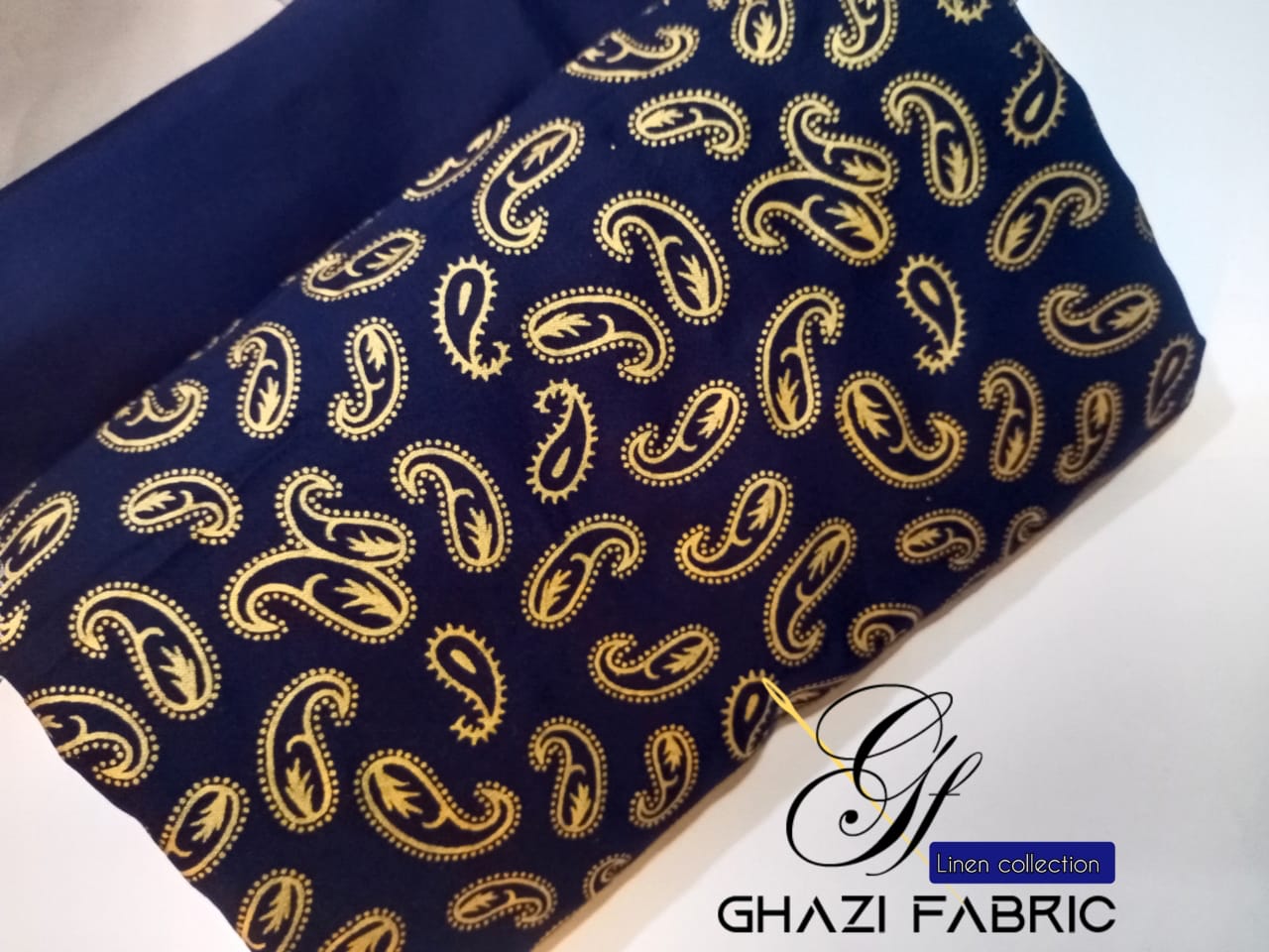 Ghazi fabric Unstitched Linen 2 piece suit for women modern print navy blue GH87001