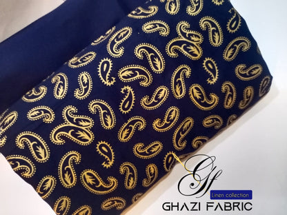 Ghazi fabric Unstitched Linen 2 piece suit for women modern print navy blue GH87001
