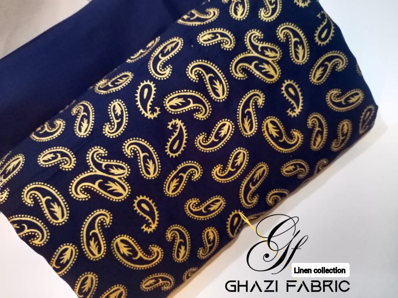 Ghazi fabric Unstitched Linen 2 piece suit for women modern print navy blue GH87001