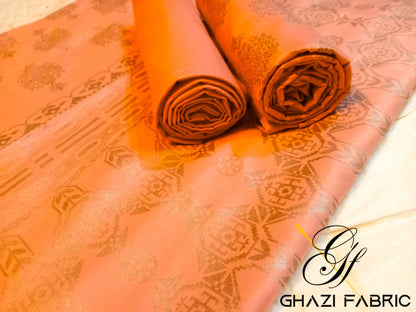 Ghazi fabric Linen Unstitched 3 piece suit for women Elegant Trendy Gold Print Collection