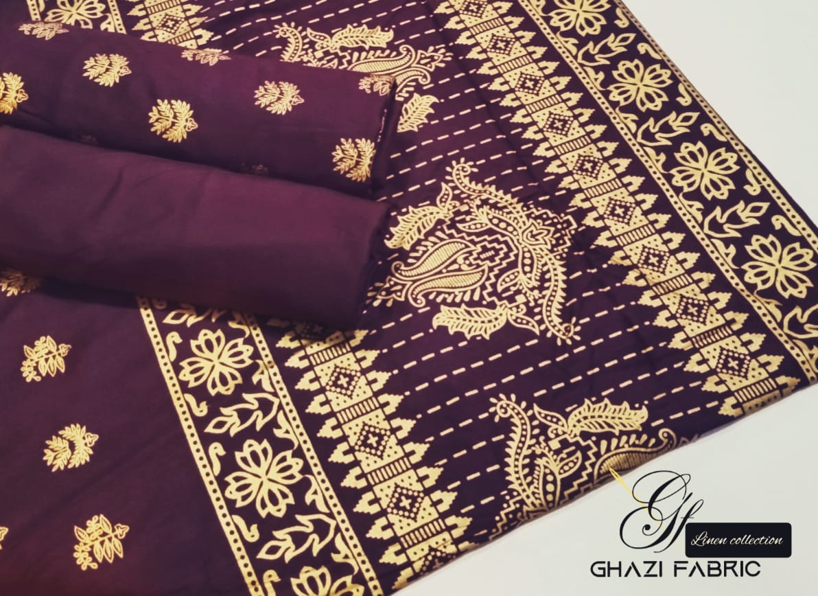 Ghazi fabric Unstitched Linen 3 piece suit for women Plum