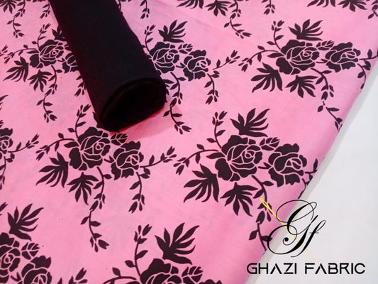 Ghazi fabric, unstitched linen, 2 piece, Gull-E-Maryam Collection, baby pink, black trouser, high-quality, durable, comfortable, breathable, soft, lightweight, perfect for any occasion.