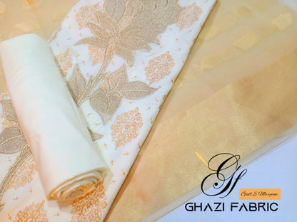 Ghazi fabric Unstitched Linen 3 piece suit for women dress with Embroidered Motif Gull-E-Maryam Collection Cream  (GTF123)