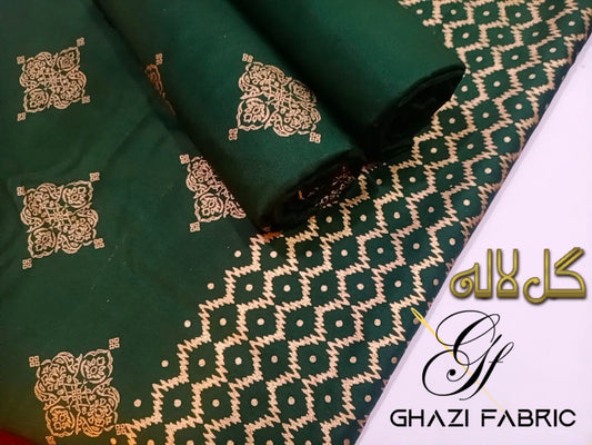 Ghazi fabric Unstitched Linen 3 piece Gold printed suit for women Bottle Green GH8708