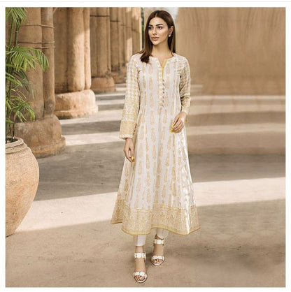 Ghazi fabric Rungrez  Collection Stitched 1 Piece Long Frock For Women Linen Off-White Long Frock Ready To Wear Linen Collection