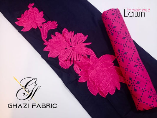 Ghazi fabric Rungrez Eid Collection Unstitched 2 piece suit for women Embroidered Lawn Navy blue Shirt With pink Trouser