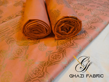 Ghazi fabric Linen Unstitched 3 piece suit for women Elegant Trendy Gold Print Collection