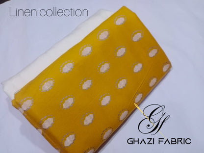 Ghazi fabric Unstitched Linen 2 piece dress Beige with cream GTS3434/2