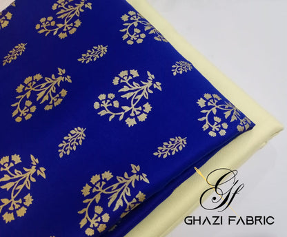 Ghazi fabric Unstitched Gull - E- Marjaan winter Linen collection Silver Printed Dress 2 piece for women  Royal blue with Cream Trouser GMF5724-23/2413