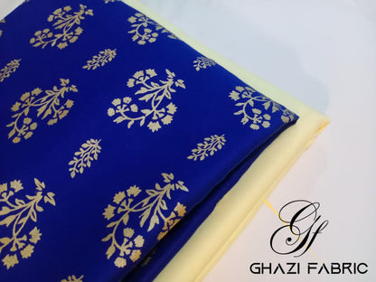 Ghazi fabric Unstitched Gull - E- Marjaan winter Linen collection Silver Printed Dress 2 piece for women  Royal blue with Cream Trouser GMF5724-23/2413