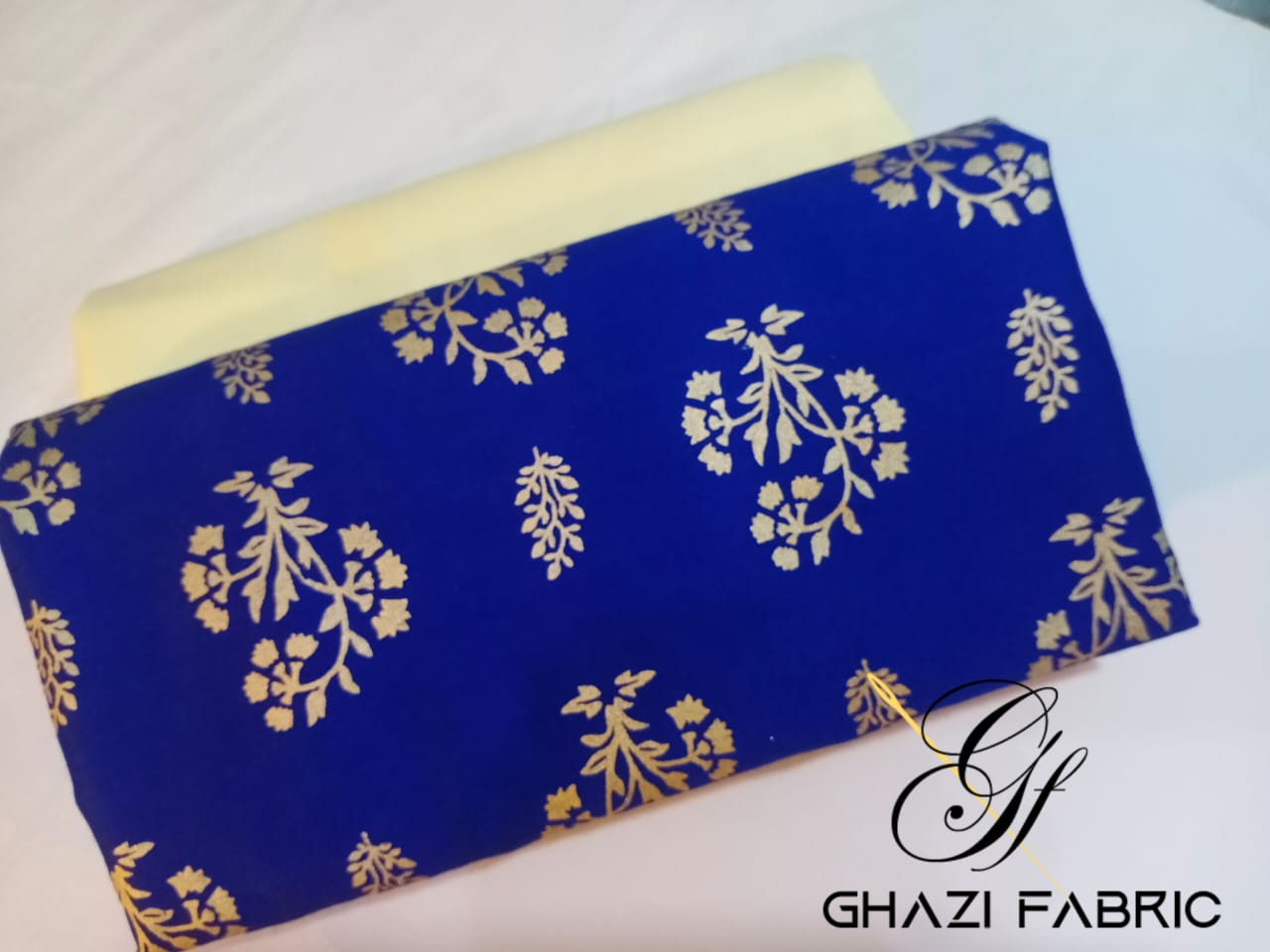 Ghazi fabric Unstitched Gull - E- Marjaan winter Linen collection Silver Printed Dress 2 piece for women  Royal blue with Cream Trouser GMF5724-23/2413