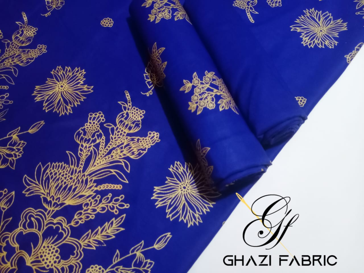 Ghazi fabric Unstitched Linen 3 piece Gold printed suit for women royal blue GH8707