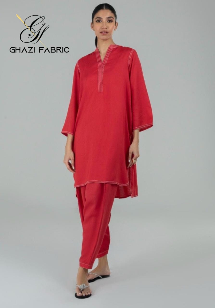 Ghazi fabric linen Collection Rungrez  Stitched 2 Piece RED Linen Long Shirt with Trouser