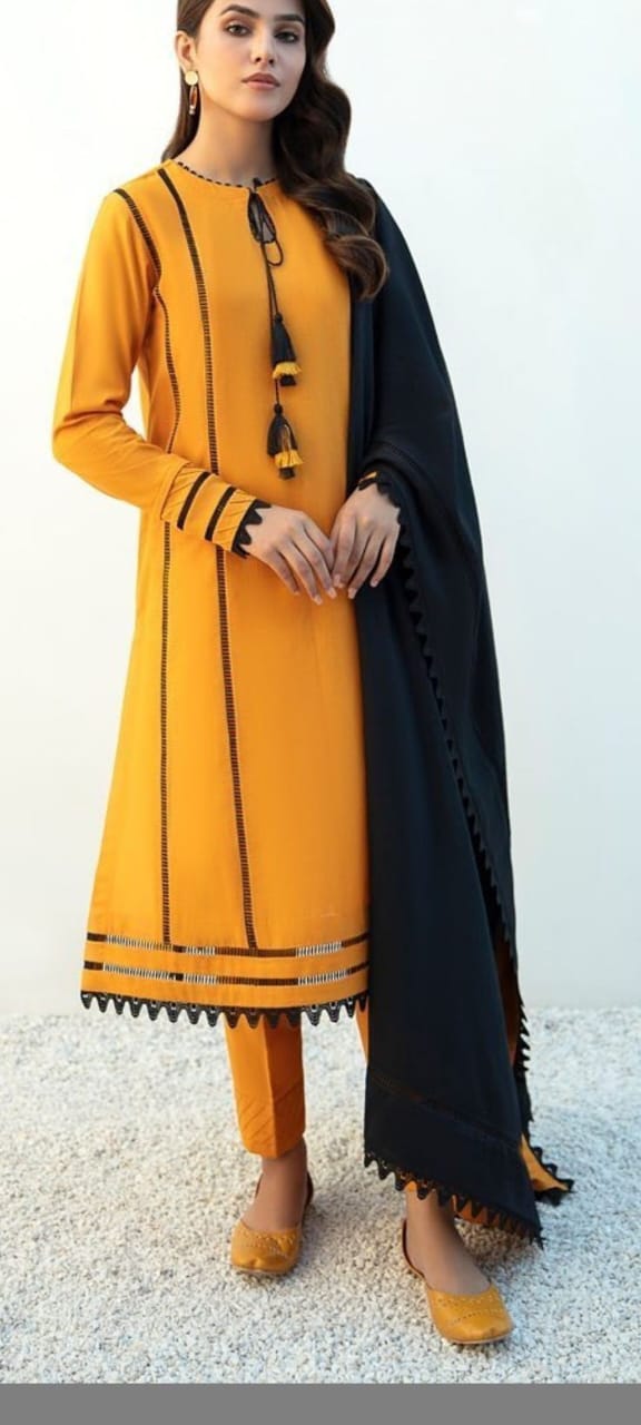 Ghazi fabric Linen Collection Rungrez  Stitched 2 Piece mustard Linen Long Shirt with Trouser