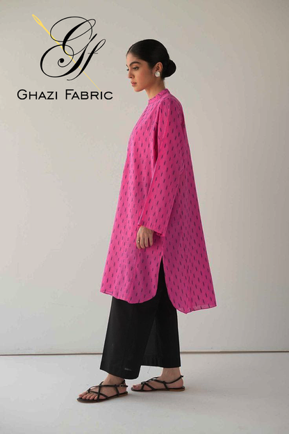 Ghazi fabric Unstitched Linen 2 piece suit for women modern print Blush Pink with black trouser (Uk series99002-3/2)