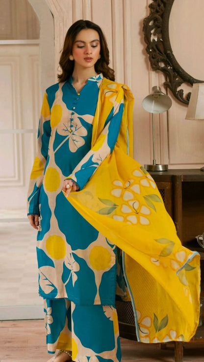 Teal & Yellow Digital Printed 3-Piece Suit | NOOR-E-BAHAAR by Ghazi Fabric (UNSTITCHED) GF-NB-TY-02
