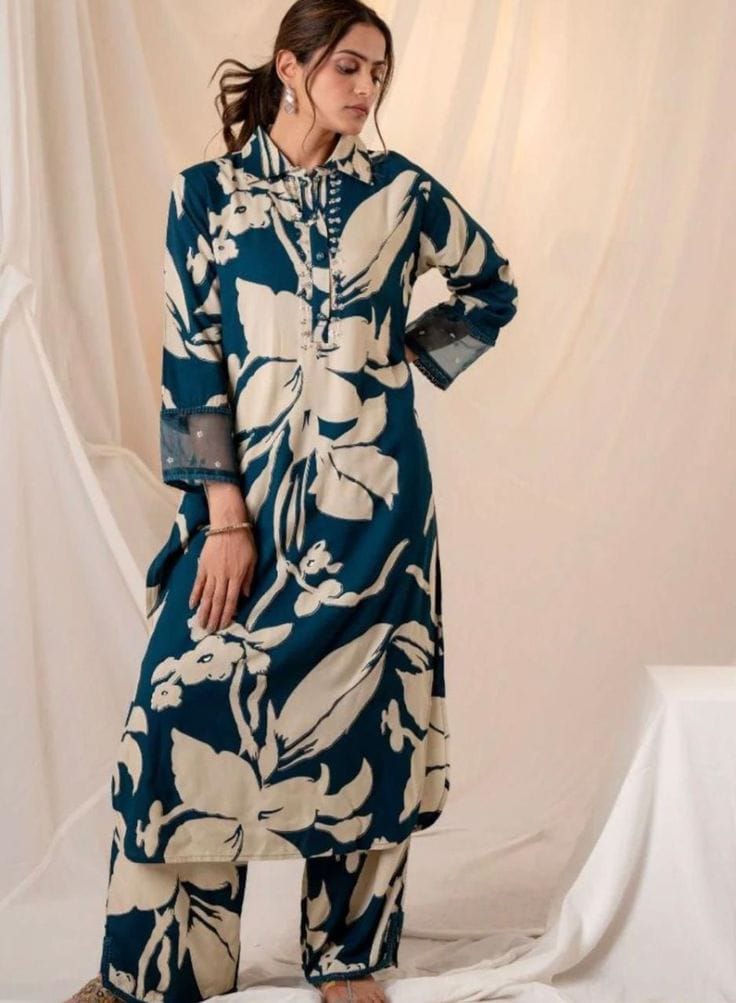 Navy Blue Digital Printed 2-Piece Suit | NOOR-E-BAHAAR by Ghazi Fabric