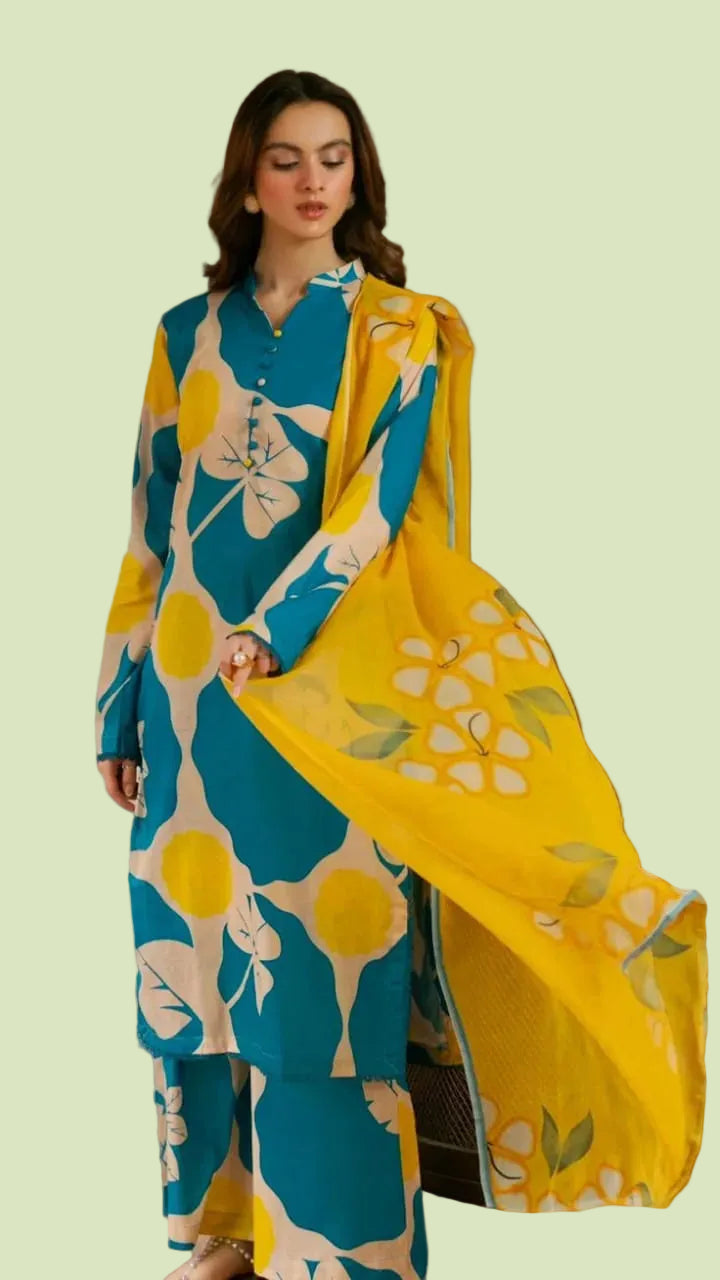 Teal & Yellow Digital Printed 3-Piece Suit | NOOR-E-BAHAAR by Ghazi Fabric (UNSTITCHED) GF-NB-TY-02