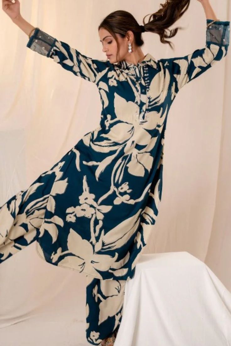 Navy Blue Digital Printed 2-Piece Suit | NOOR-E-BAHAAR by Ghazi Fabric