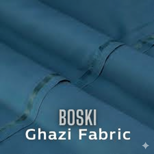 Blue fabric with 'BOSKI Ghazi Fabric' text overlay