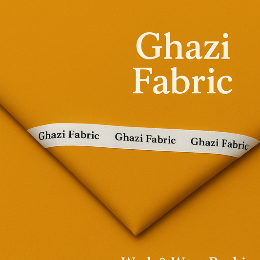 Ghazi Fabric packaging with a mustard yellow background