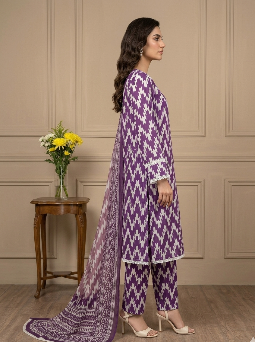 Woman in a purple and white patterned outfit standing in a room with a wooden table and flowers.