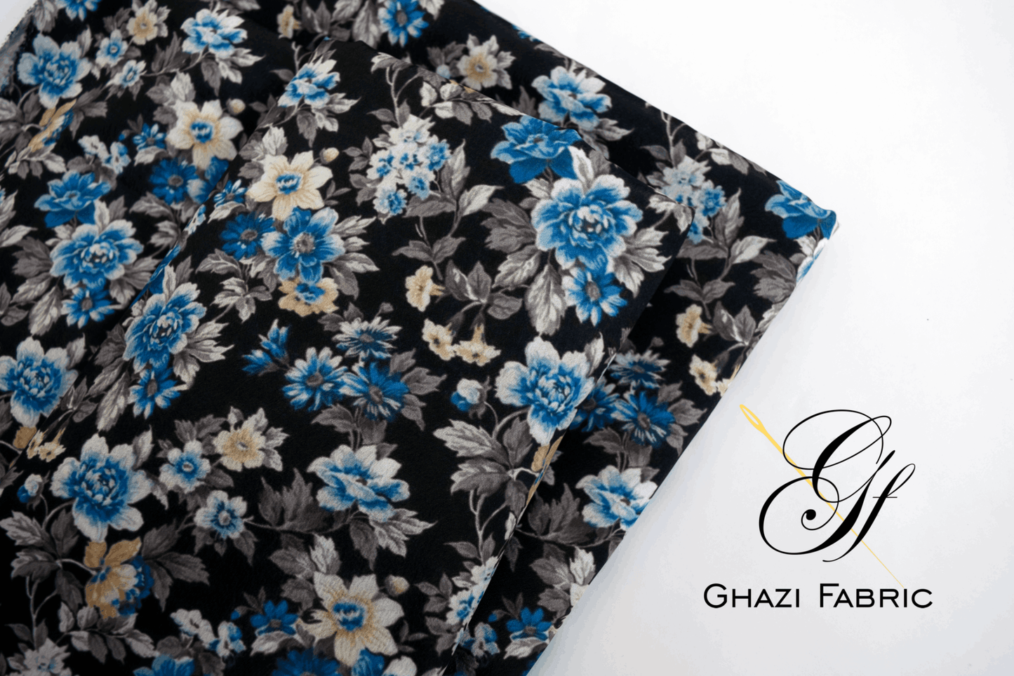 Ghazi fabric Unstitched Digital Print Grip collection Premium quality  Dress 2 piece for women black color(Uk-series/8156-2))