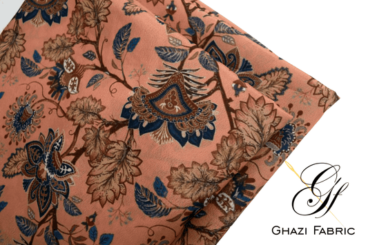 Ghazi fabric Unstitched Digital Print Grip collection Premium quality  Dress 2 piece for women peach color(Uk-series/5756-2))