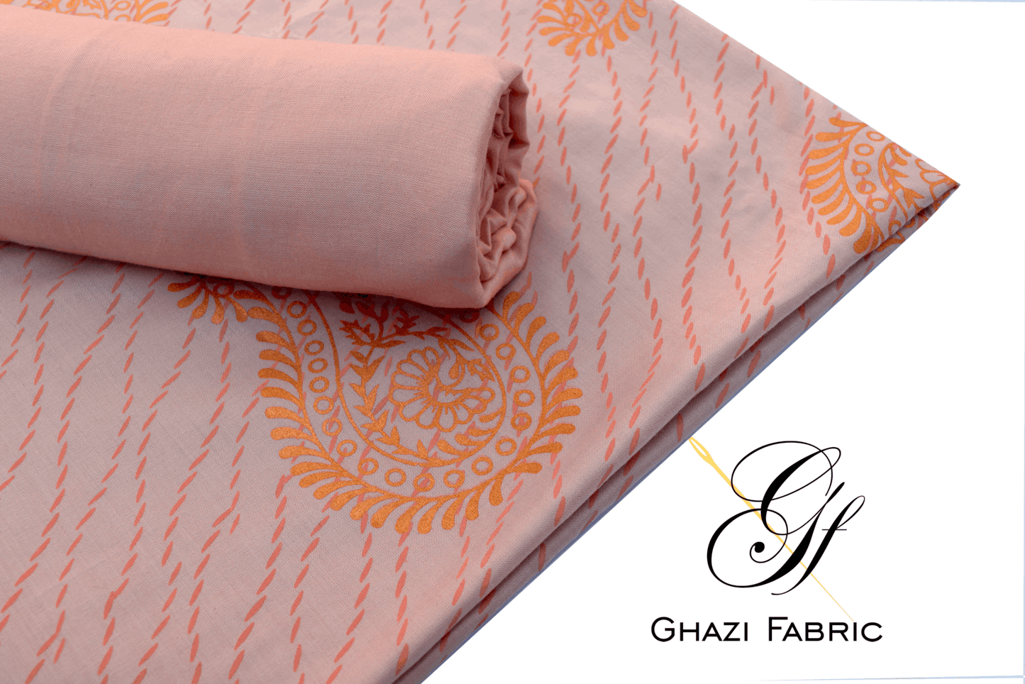 Ghazi fabric Unstitched Linen 2 piece Gold printed suit for women  Light peach(UK series-8345/8)