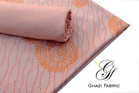 Ghazi fabric Unstitched Linen 2 piece Gold printed suit for women  Light peach(UK series-8345/8)