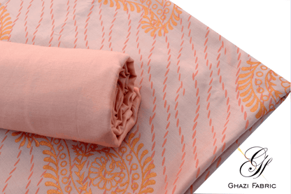 Ghazi fabric Unstitched Linen 2 piece Gold printed suit for women  Light peach(UK series-8345/8)