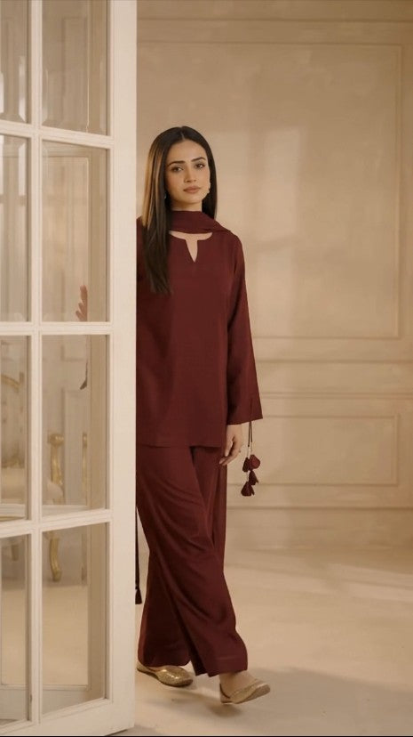 Ghazi Fabric maroon 2 piece stitched suit for women with tassel sleeve detailing