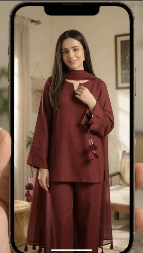 Ghazi Fabric maroon 2 piece stitched suit for women with tassel sleeve detailing