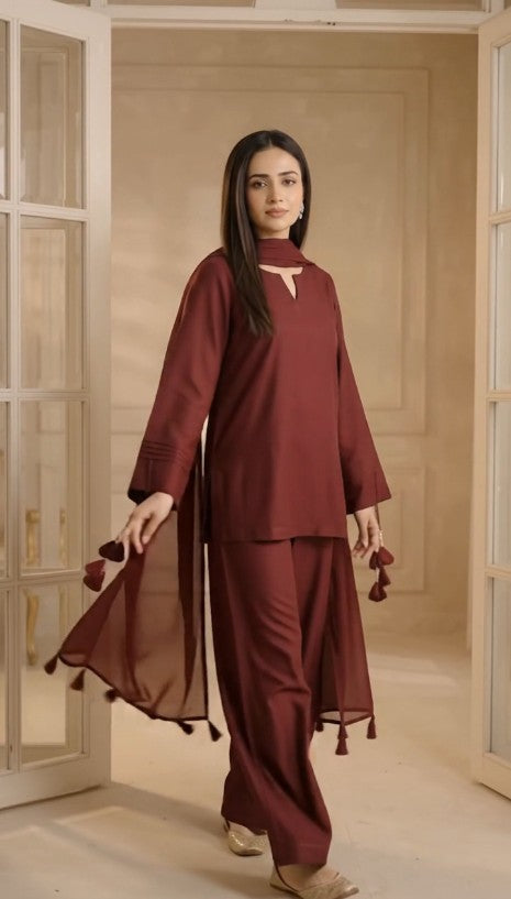 Ghazi Fabric maroon 2 piece stitched suit for women with tassel sleeve detailing