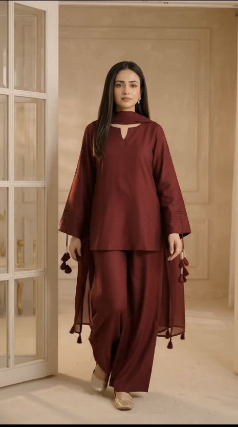 Ghazi Fabric maroon 2 piece stitched suit for women with tassel sleeve detailing