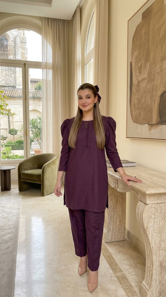Solid stitched LInen  2piece suit  plum